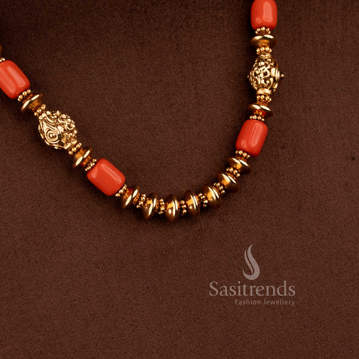 Sasitrends antique coral bead strand necklace with golden bead mala and floral stud earrings
