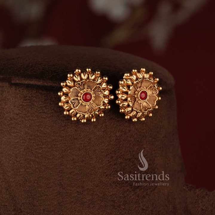 Sasitrends antique coral and golden bead strand mala necklace set with floral stud earrings for festive and traditional wear