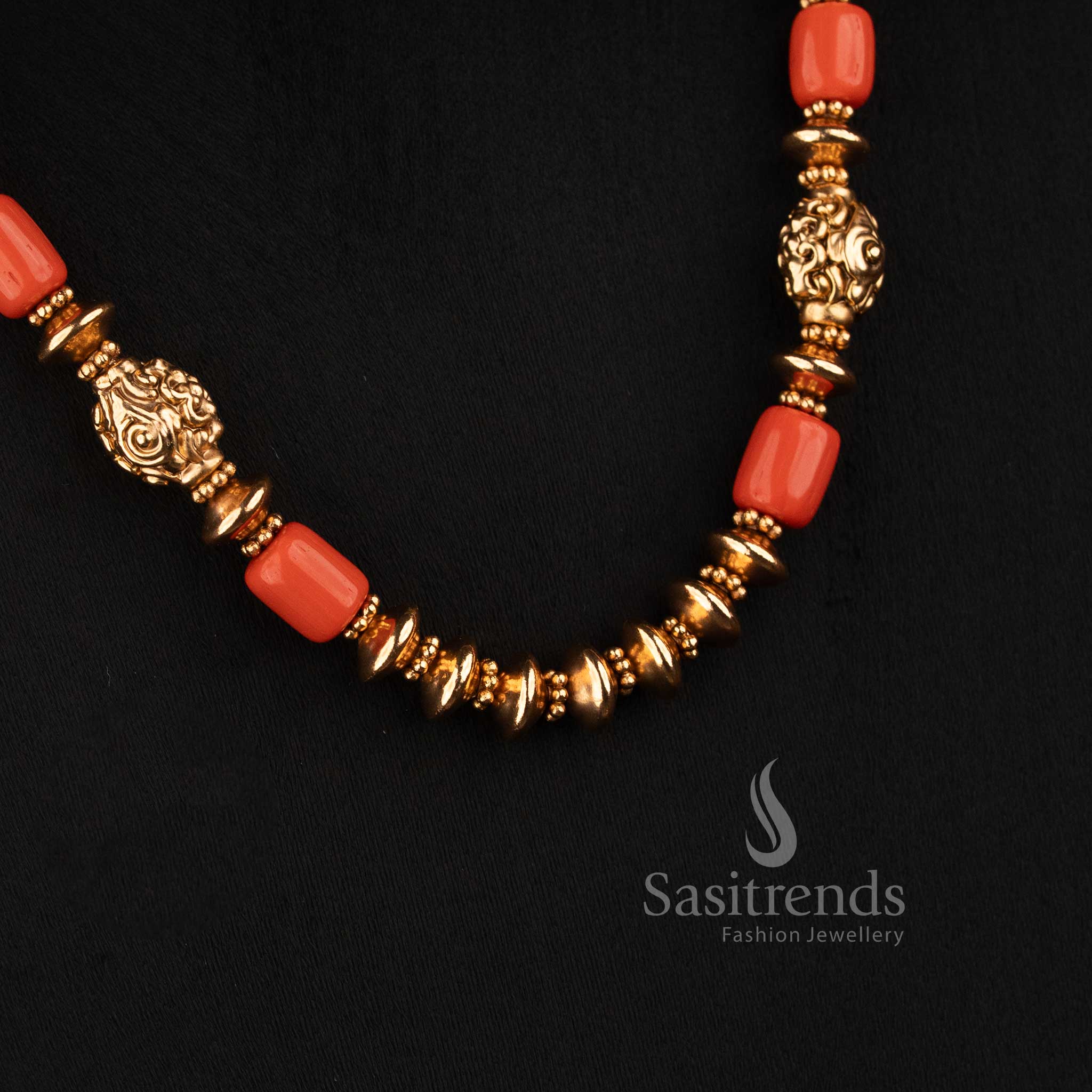 Sasitrends antique coral and golden bead strand mala necklace set with floral stud for festive traditional wear