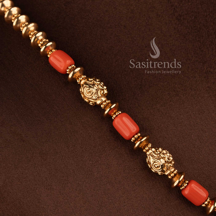 Sasitrends antique coral golden beaded mala necklace set with floral design stud earrings for festive and wedding wear
