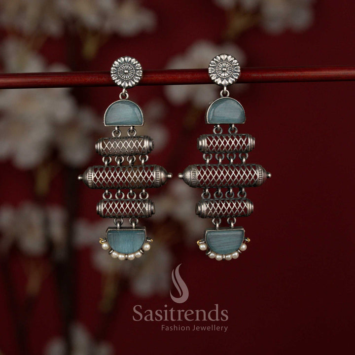 Sasitrends antique finish multi-tier barrel structure earrings crafted with intricate surface textures, embedded teal blue stone panels and graceful pearl drop detailing for festive and cultural occasions.