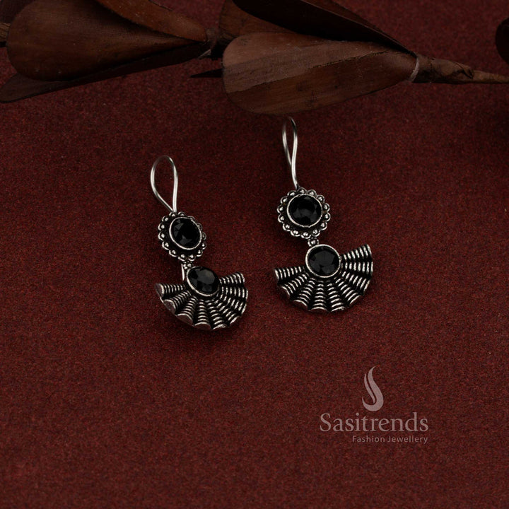 Oxidised Silver Round Shell Stone Fish Hook Earrings for Daily & Evening Wear
