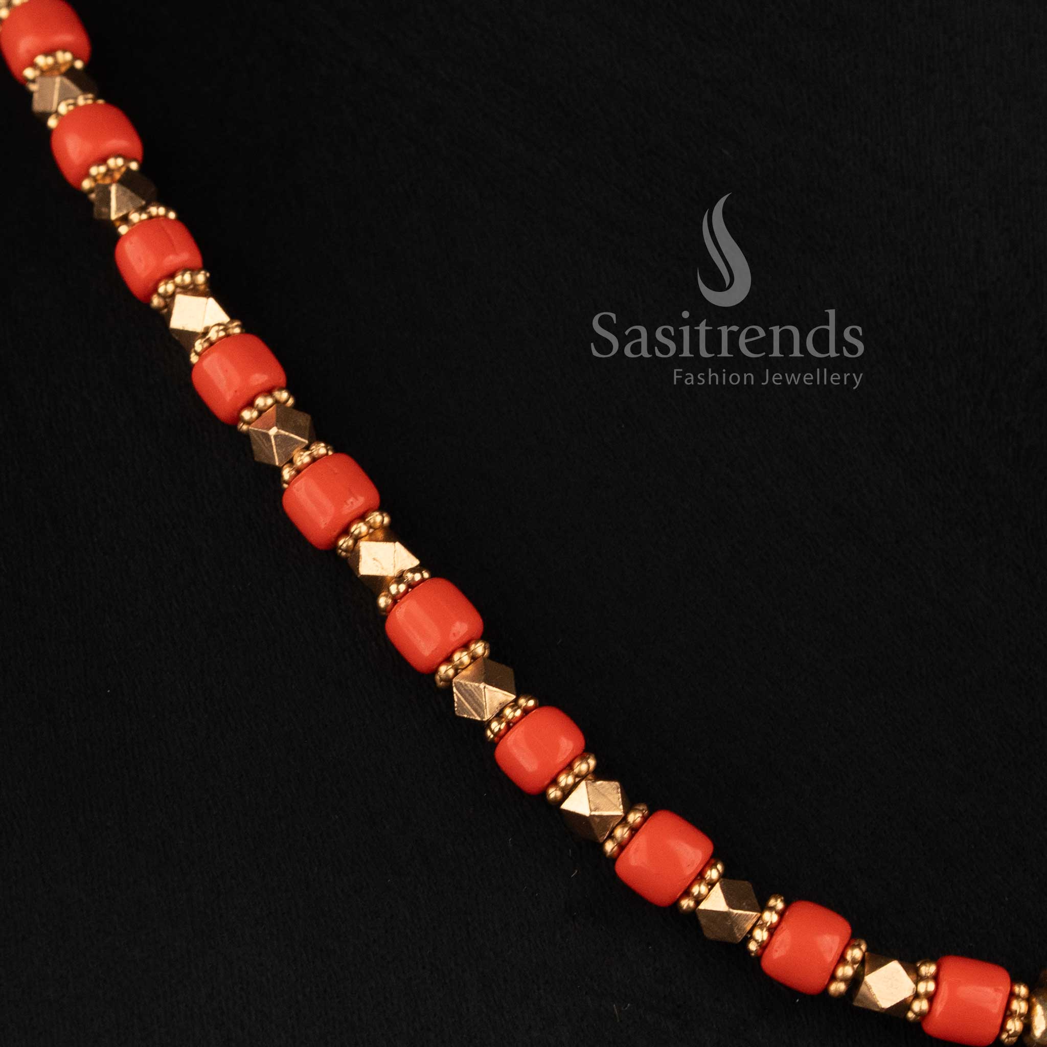 Sasitrends antique gold coral bead and golden mala necklace jewellery set with floral stud earrings