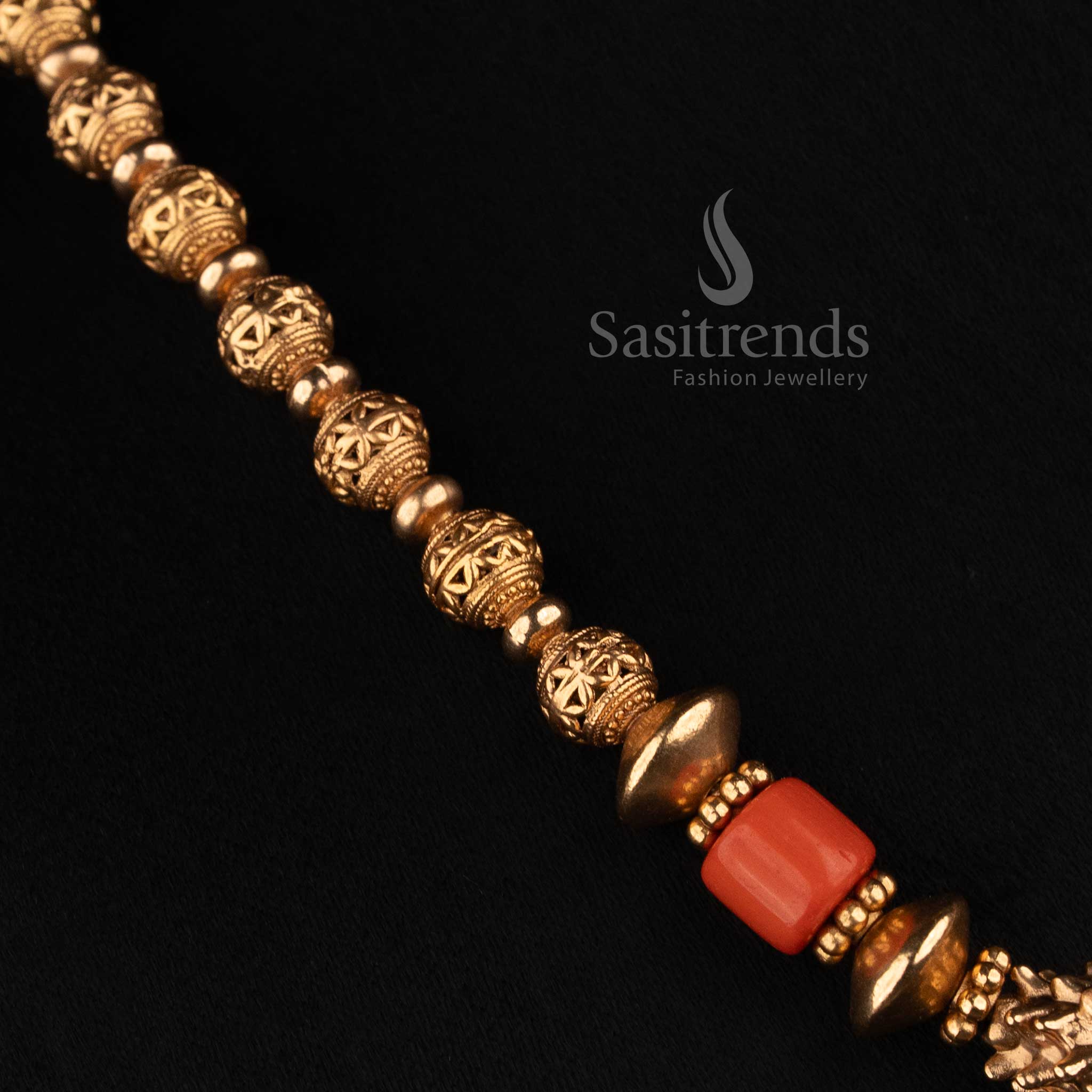 Sasitrends antique gold coral bead strand mala necklace with half-sunburst stud earrings for festive wear