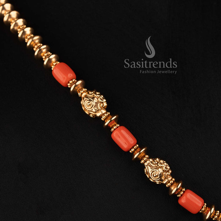 Sasitrends antique gold coral beaded strand mala necklace with floral stud earrings for festive wear