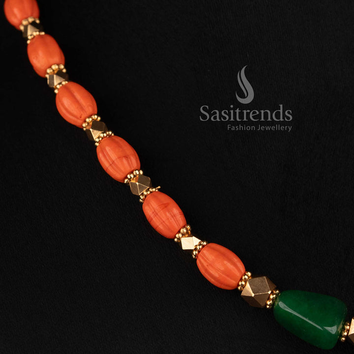 Sasitrends antique gold coral and green beaded mala floral necklace jewellery set for wedding and festive occasions