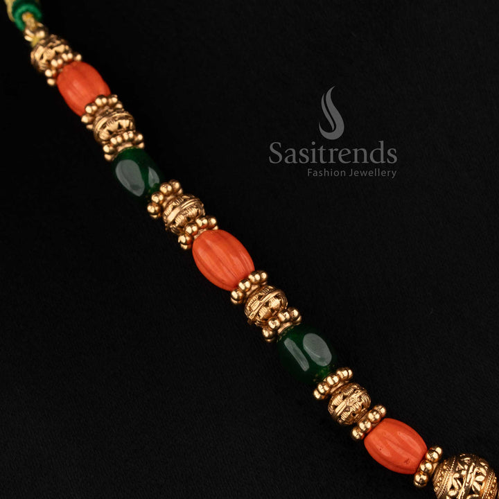 Sasitrends antique gold coral and green beaded strand mala necklace with Lakshmi stud earrings