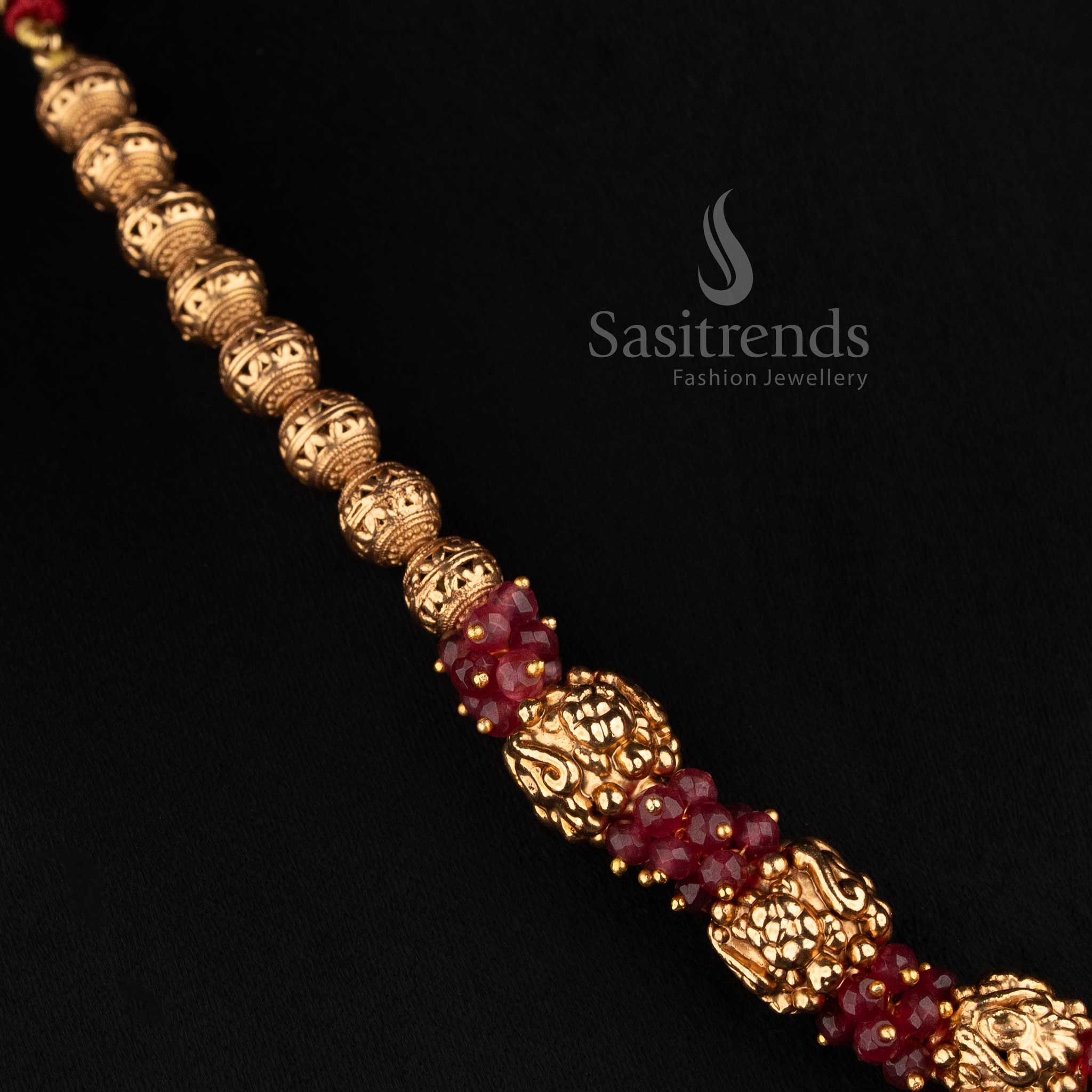 Sasitrends antique gold filigree ball ruby beaded strand mala necklace with matching stud earrings