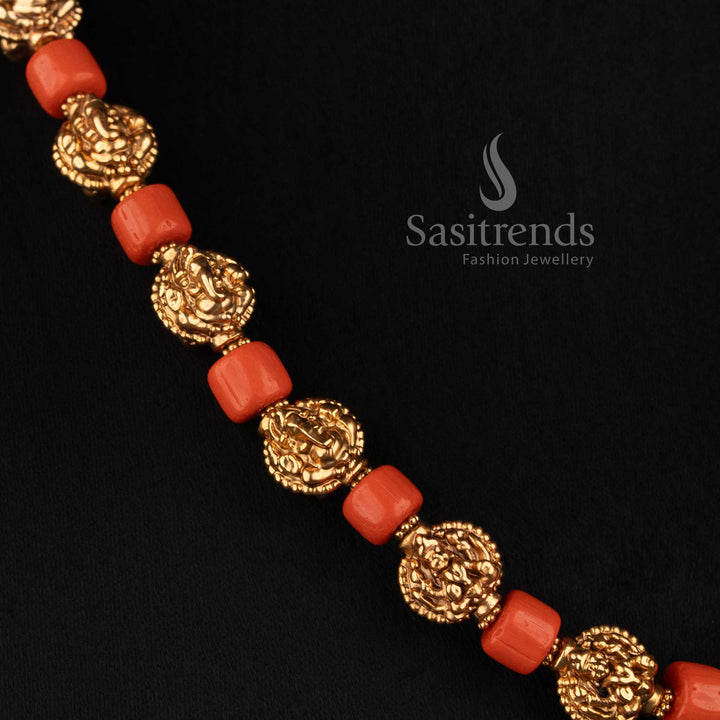 Sasitrends antique gold plated coral beaded mala necklace set with Ganesa motif for traditional festive occasions
