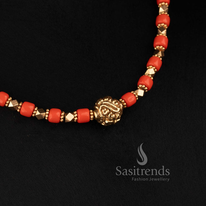 Sasitrends antique gold plated coral and golden beads mala necklace set with matching floral stud earrings