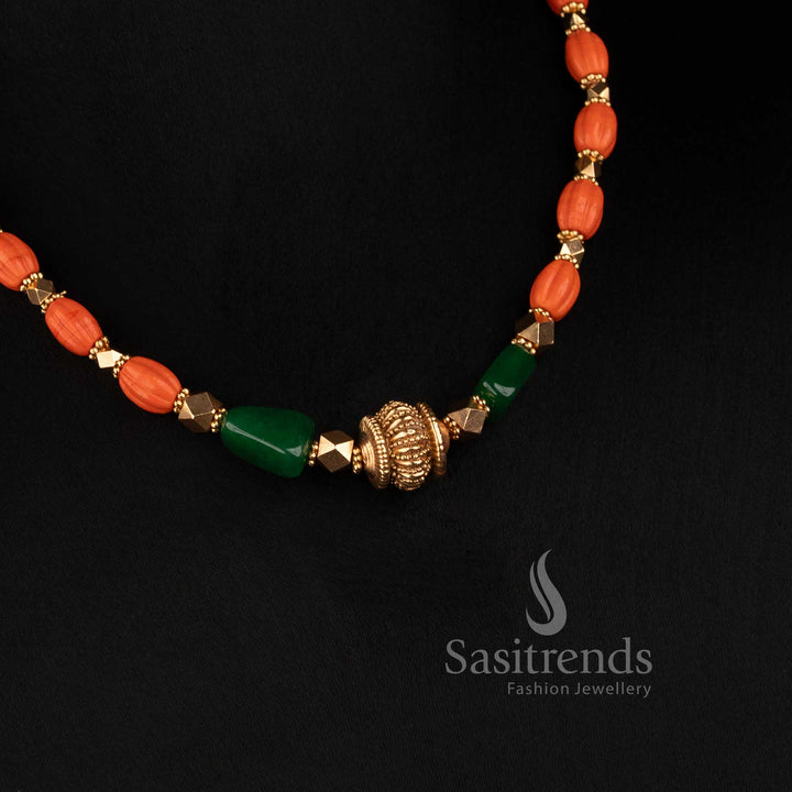 Sasitrends antique gold plated coral and green bead strand mala floral jewellery set