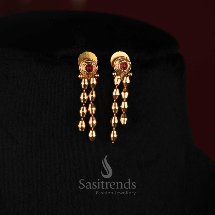 South Indian Antique Gold Double & Triple -Layer Rice Bead Long Haram Necklace Set with Sunburst Hanging Ball Earrings - Sasitrends