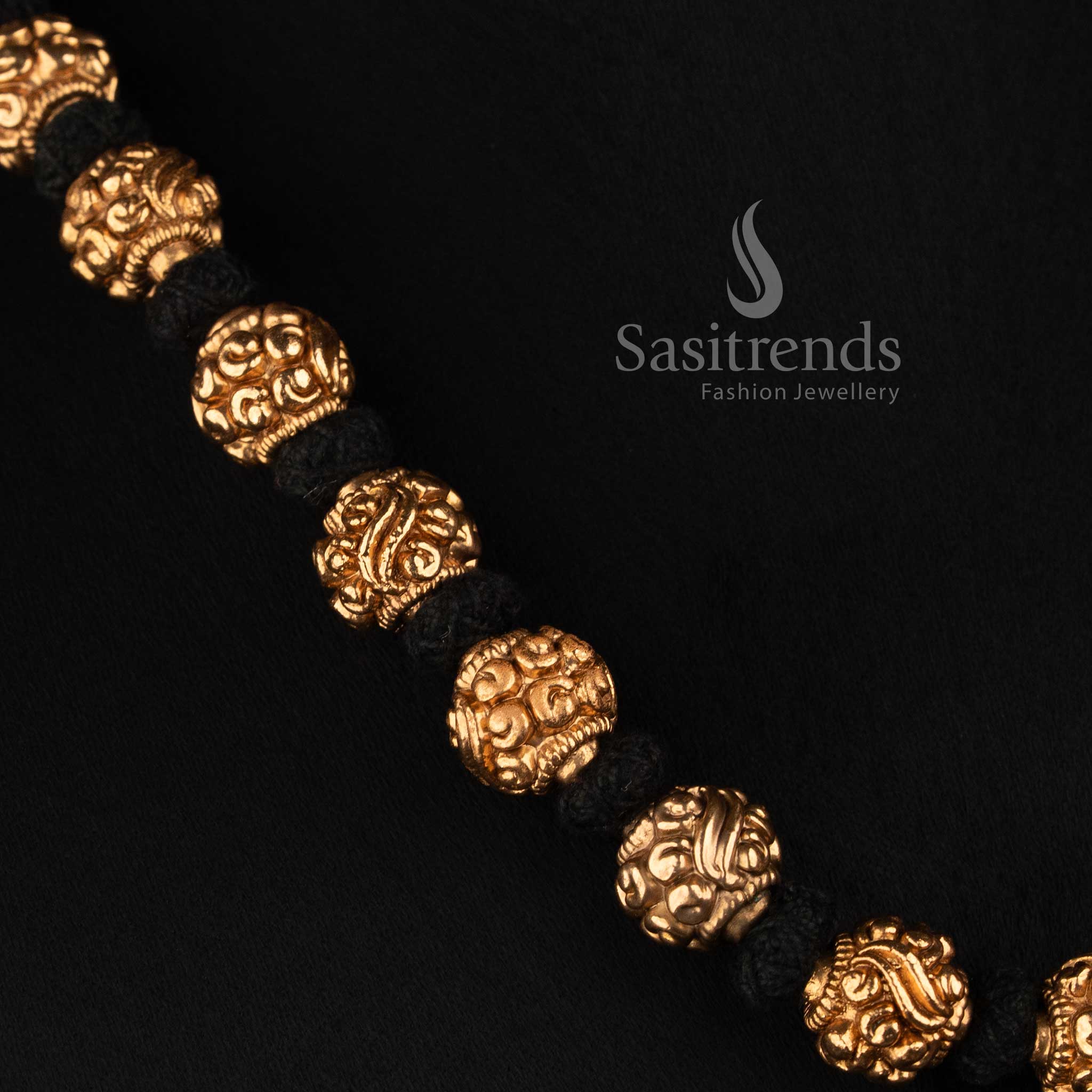 Sasitrends antique gold plated ornate golden bead mala thread necklace with floral motif