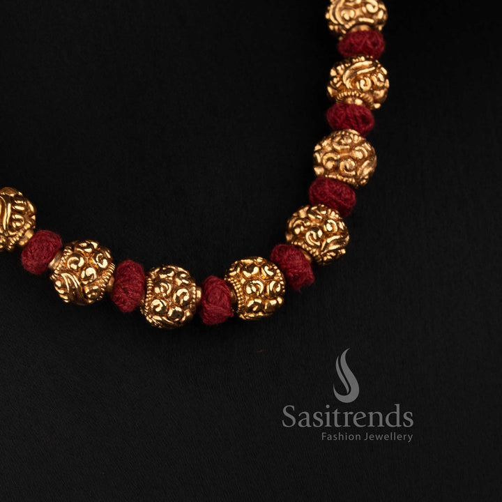 Sasitrends antique gold plated ornate round bead mala necklace set with floral thread design