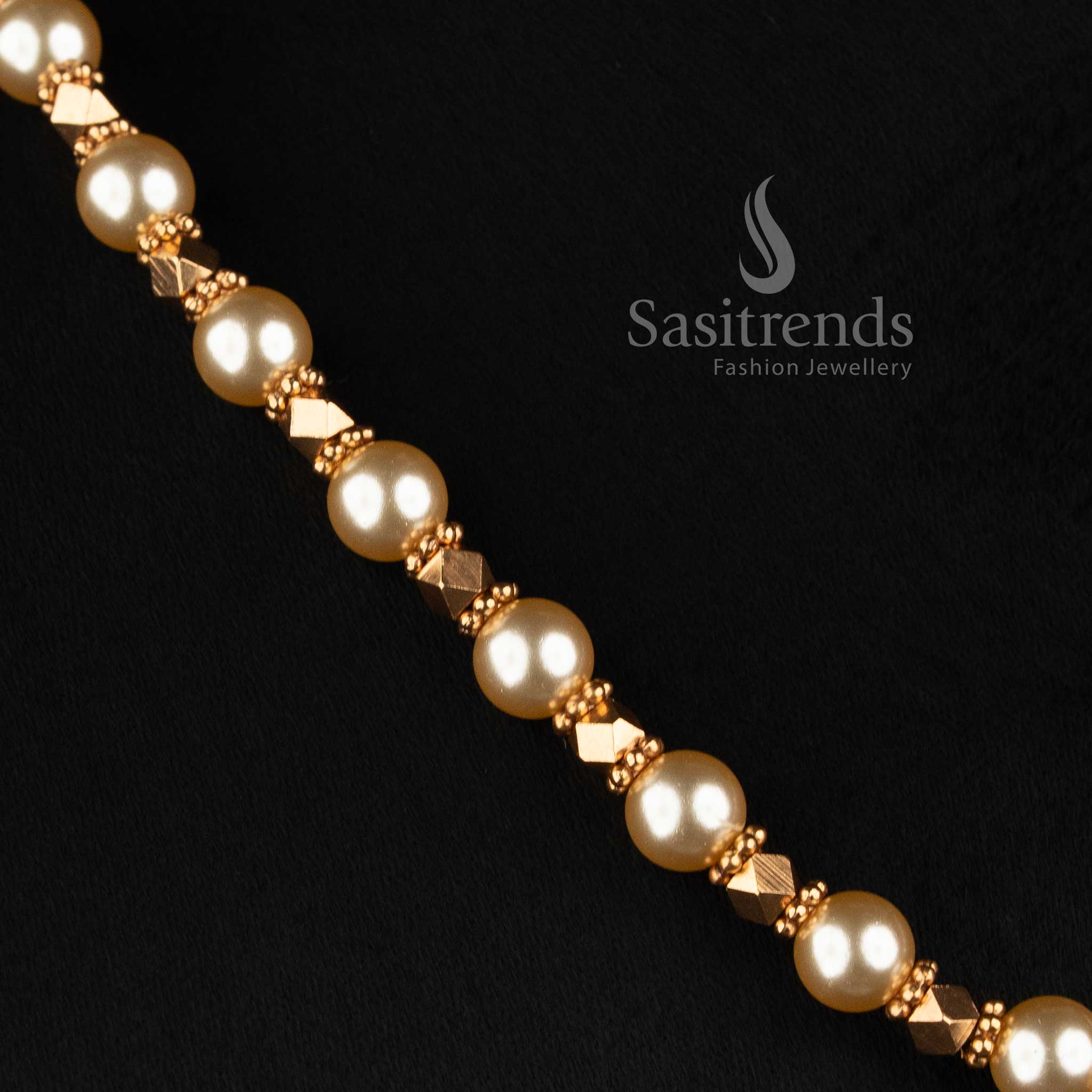 Sasitrends antique gold plated pearl bead necklace set with floral motif and temple-inspired traditional detailing