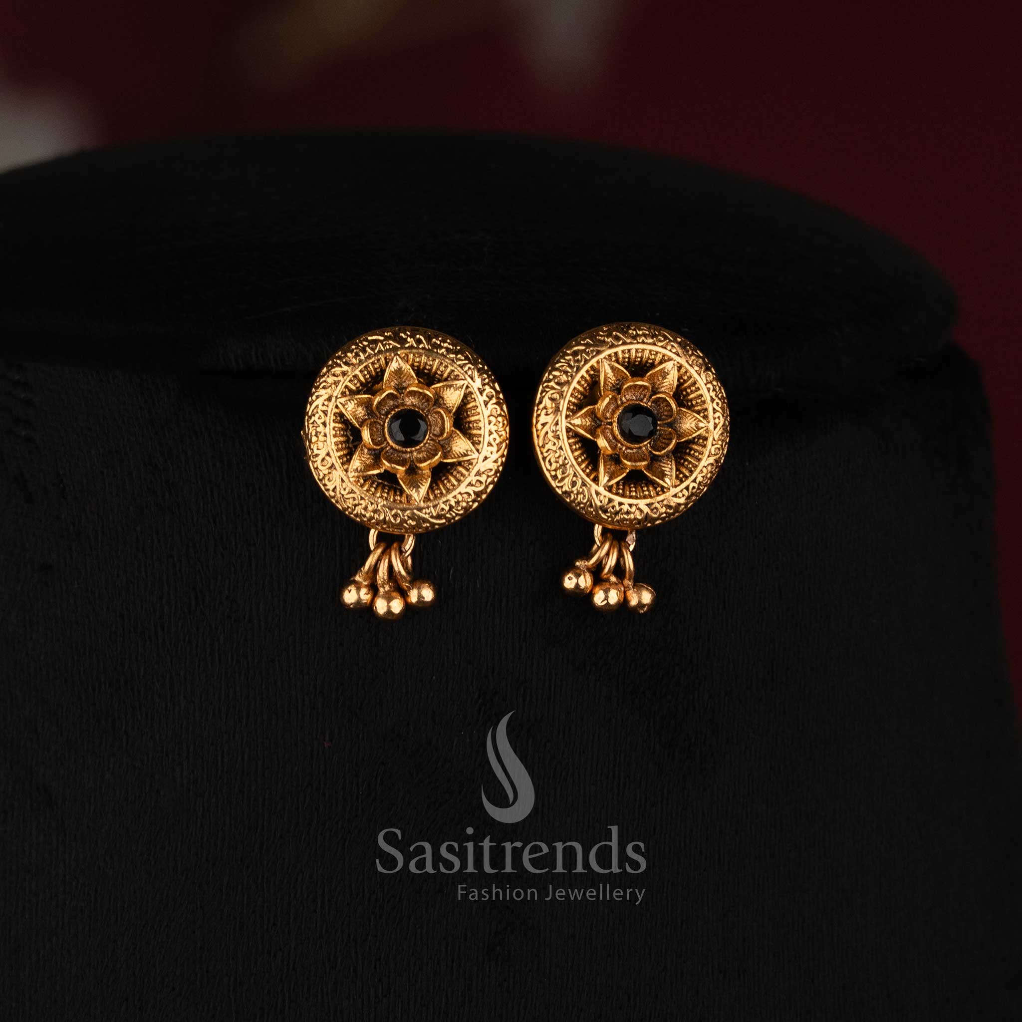 Sasitrends antique gold plated smooth bead mala necklace set with short and long strands and floral stud earrings