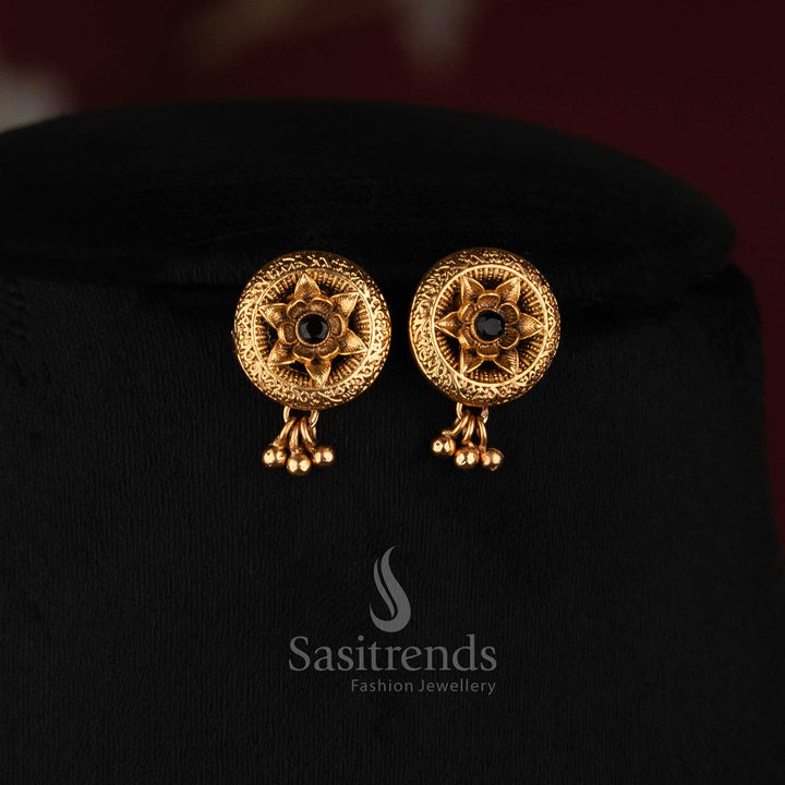 Sasitrends antique gold plated smooth bead mala necklace set with short and long strands and floral stud earrings