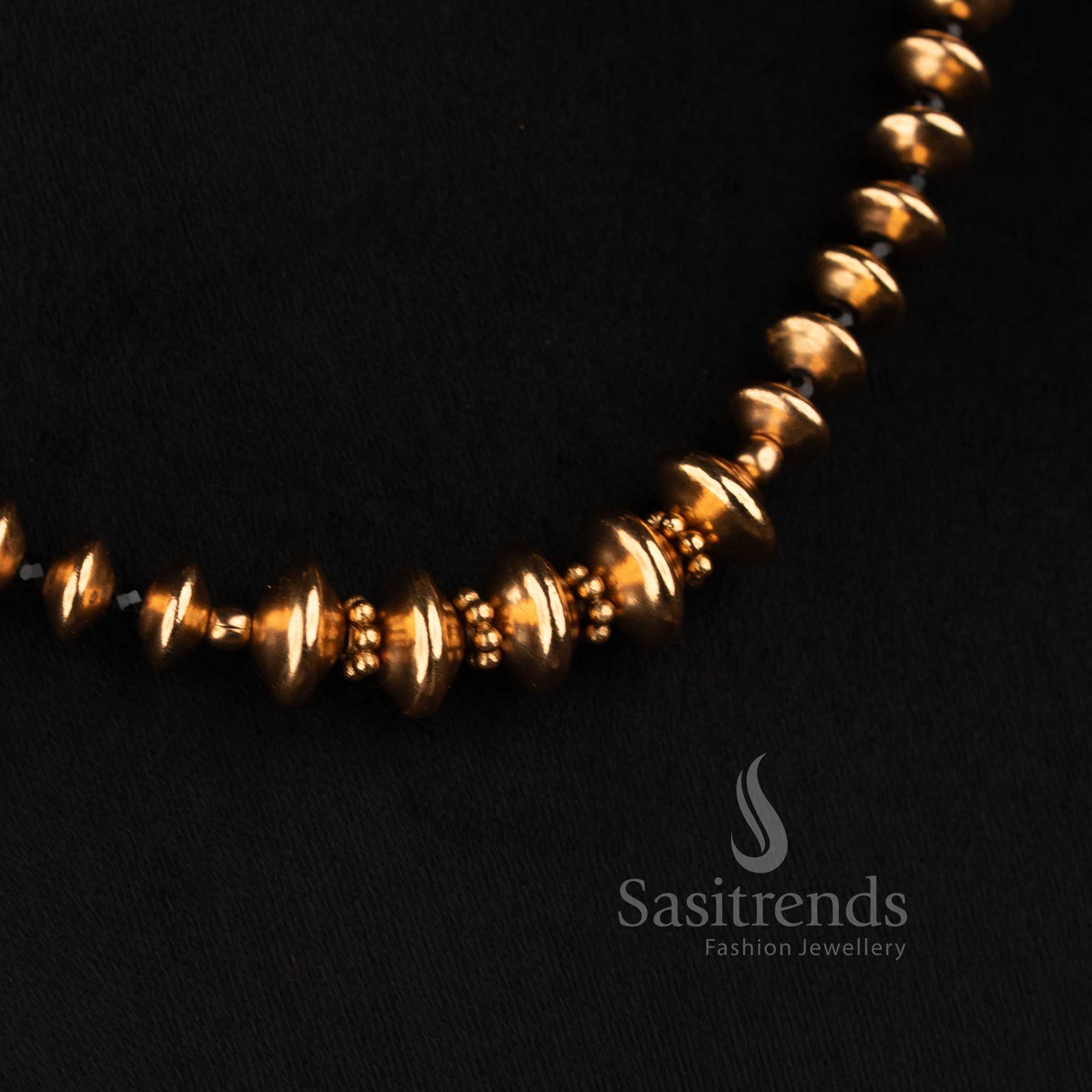 Sasitrends antique gold plated smooth golden bead mala short and long necklace set with floral stud earrings