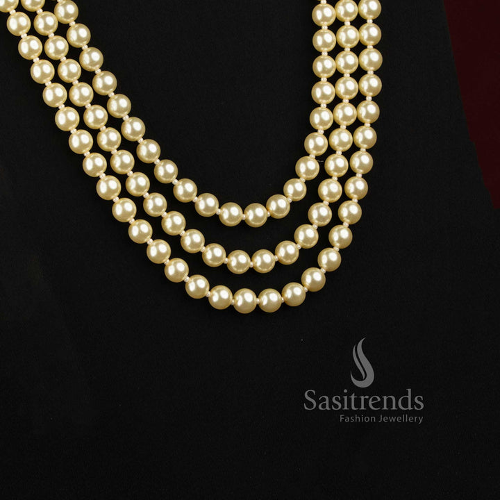 Premium Shell Pearl Long Necklace | Elegant 2 Layer & 3 Layer Traditional Statement Jewellery for Weddings, Grand Functions & Festive Celebrations - Sasitrends