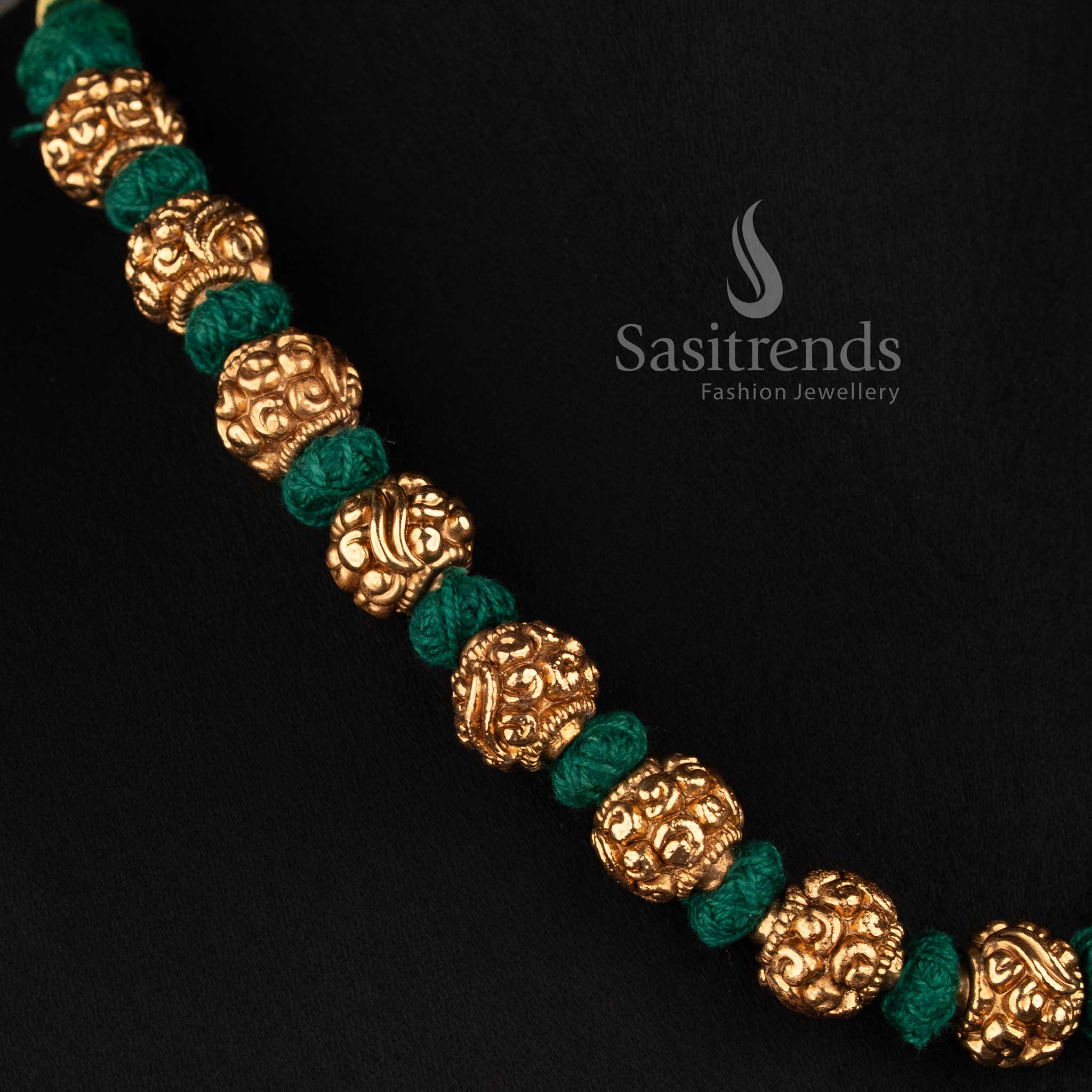 Sasitrends antique gold plated traditional floral mala necklace with round golden beads and ornate thread design