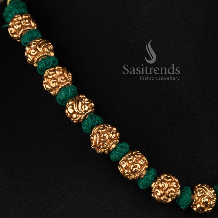 Sasitrends antique gold plated traditional floral mala necklace with round golden beads and ornate thread design