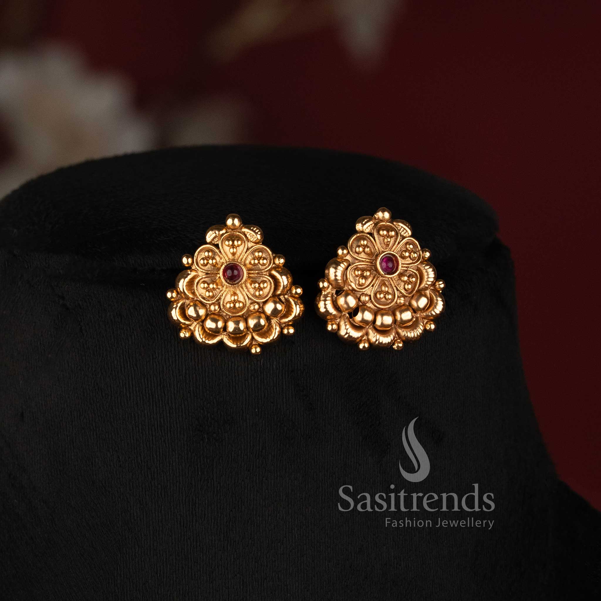 Sasitrends antique gold round golden beads thread mala necklace set with floral ornament detailing