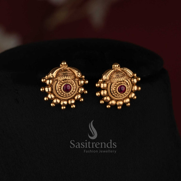 Sasitrends antique gold ruby bead cluster mala necklace set with filigree ball strand and matching stud earrings