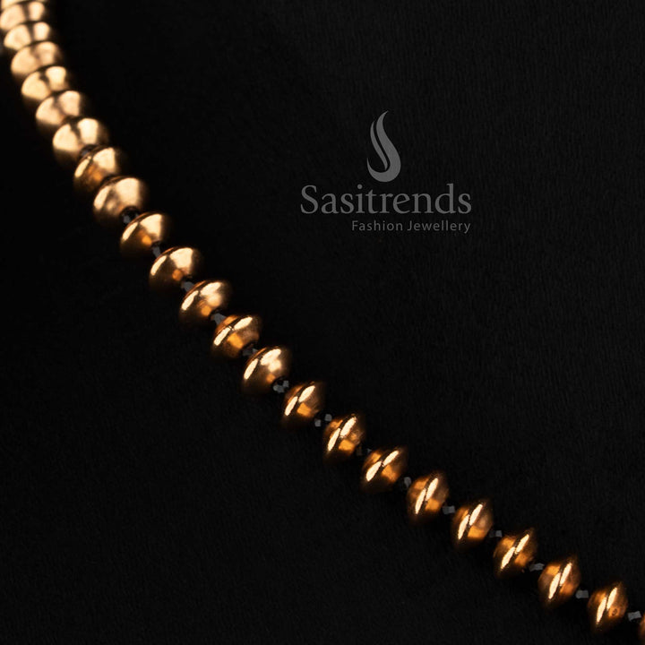 Sasitrends antique gold smooth beaded mala short and long necklace set with floral stud earrings