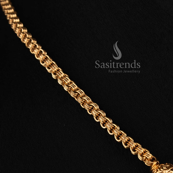 Sasitrends antique gold South Indian temple jewellery necklace set with floral carved beads and central ribbed barrel bead