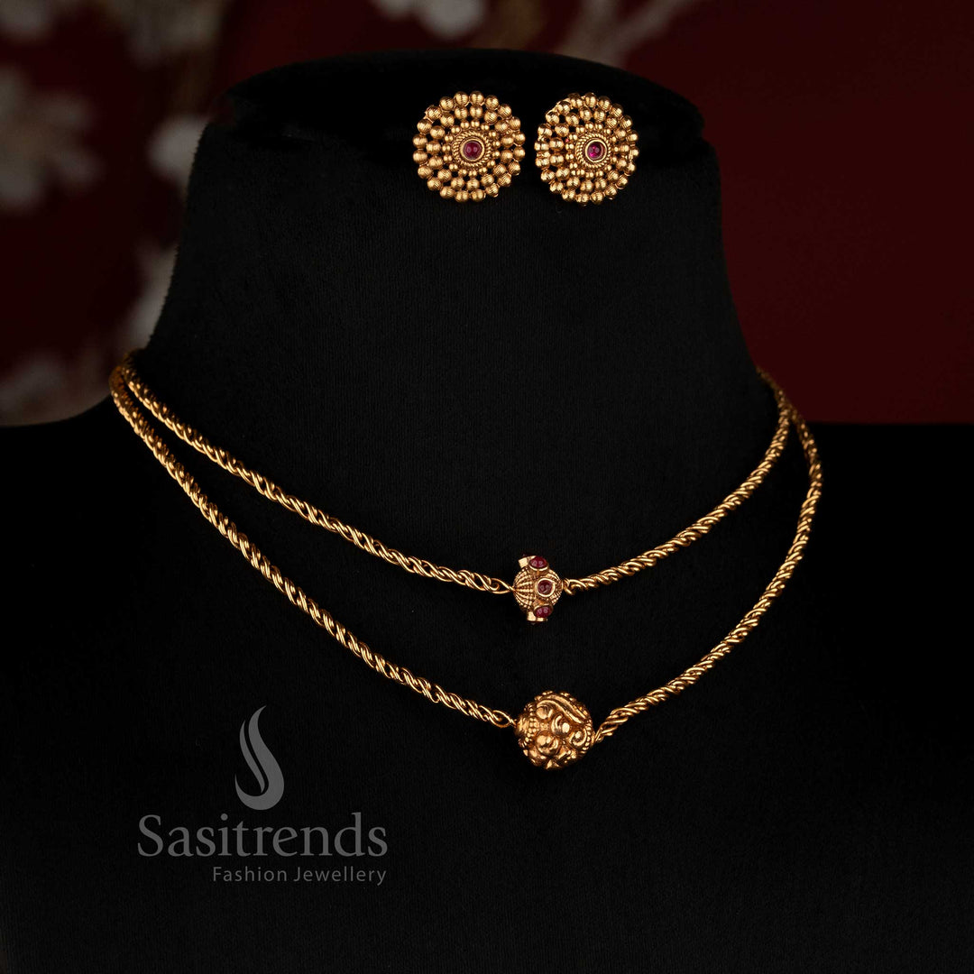 Sasitrends traditional antique gold temple necklace with intricate floral pendant and stud earrings 
