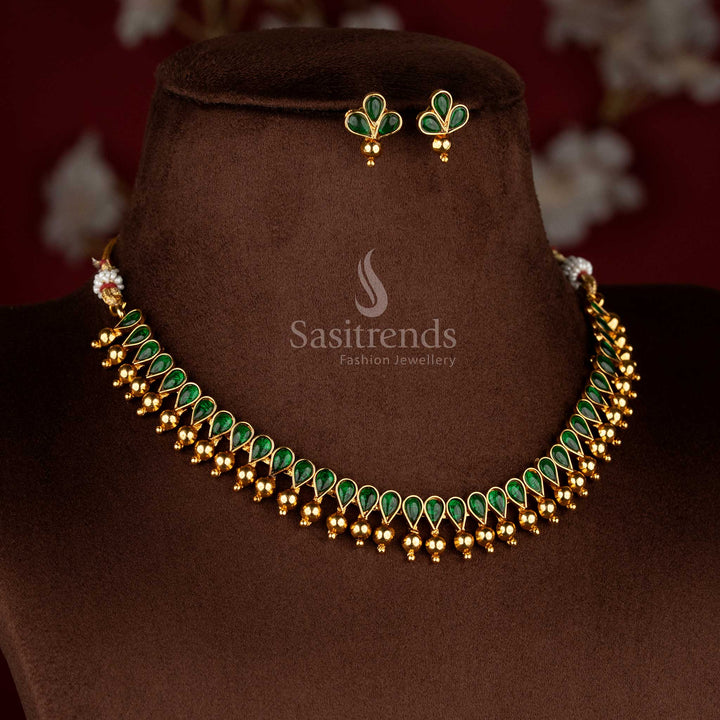 Sasitrends designer antique matte gold necklace with teardrop green shaped stones and evenly placed gold bead drop detailing
