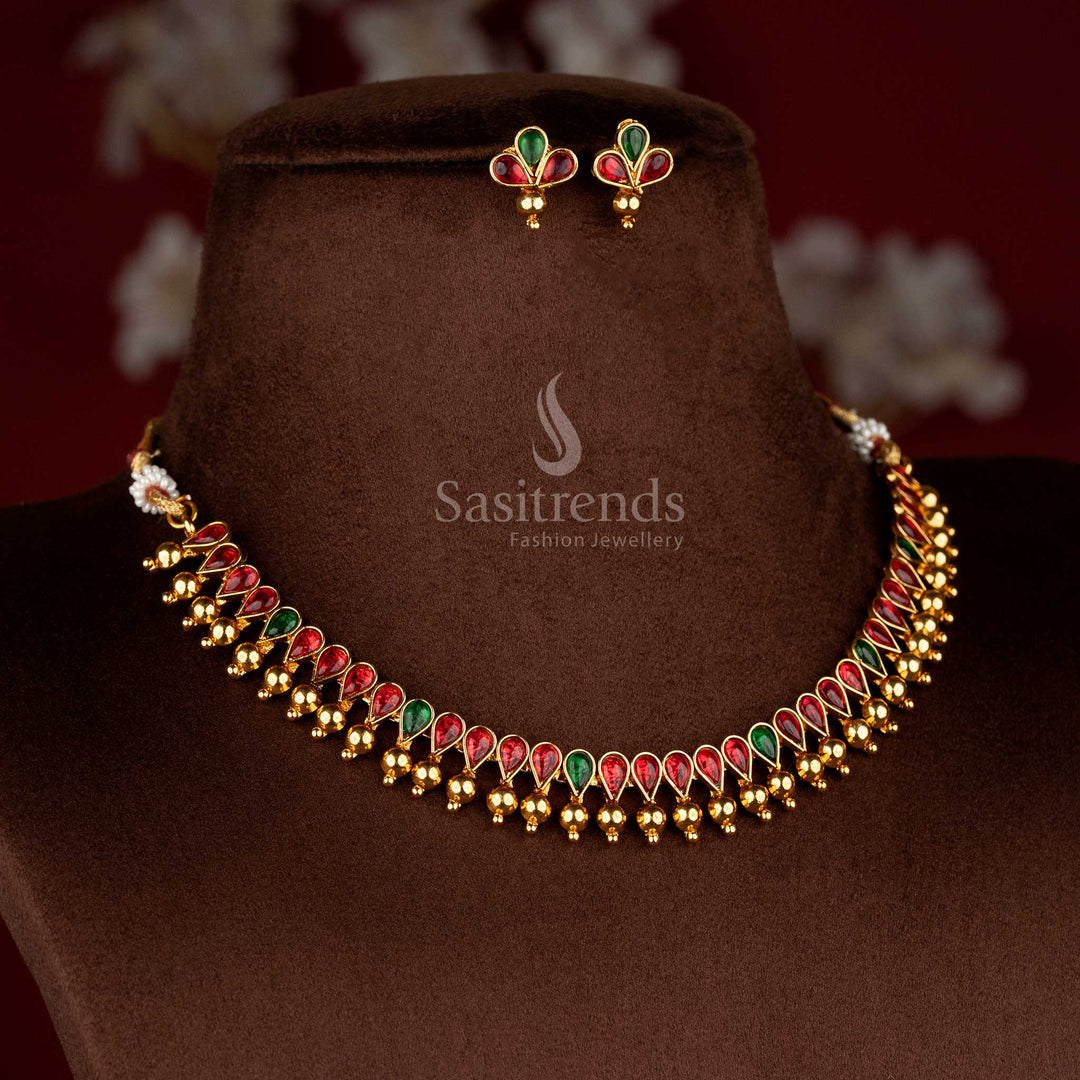 Sasitrends affordable antique matte gold teardrop ruby green stone structured temple necklace jewellery set with traditional craftsmanship