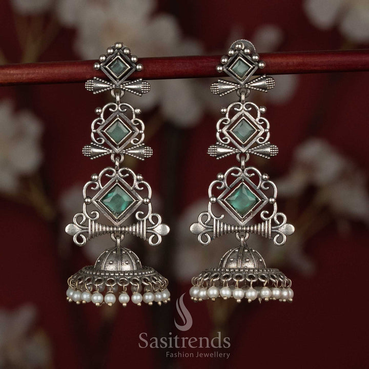 Sasitrends mint antique oxidised 92.5 silver plated long jhumka earrings with geometric stone design