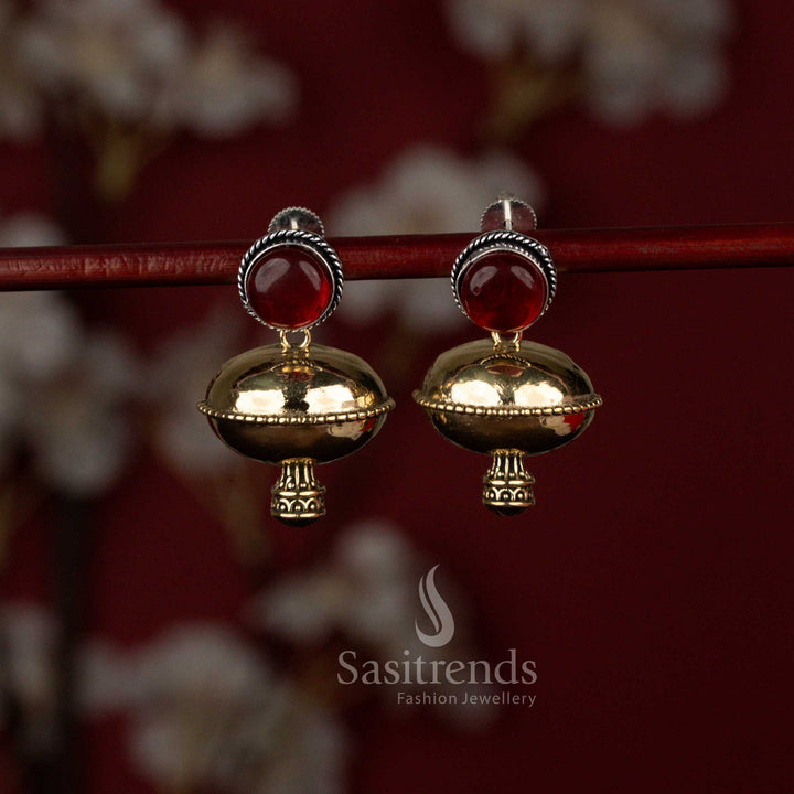 Antique style oxidised dome drop earrings from Sasitrends designed with a classic round red stone stud and intricately crafted traditional bell structure for elegant ethnic wear.