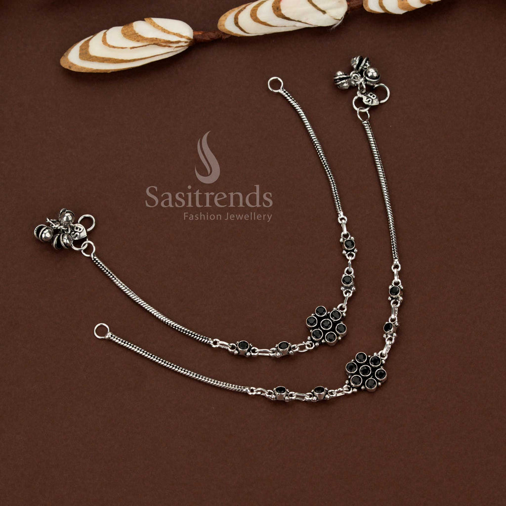 Sasitrends antique finish oxidised black anklets with floral motif chain pattern for daily and casual styling