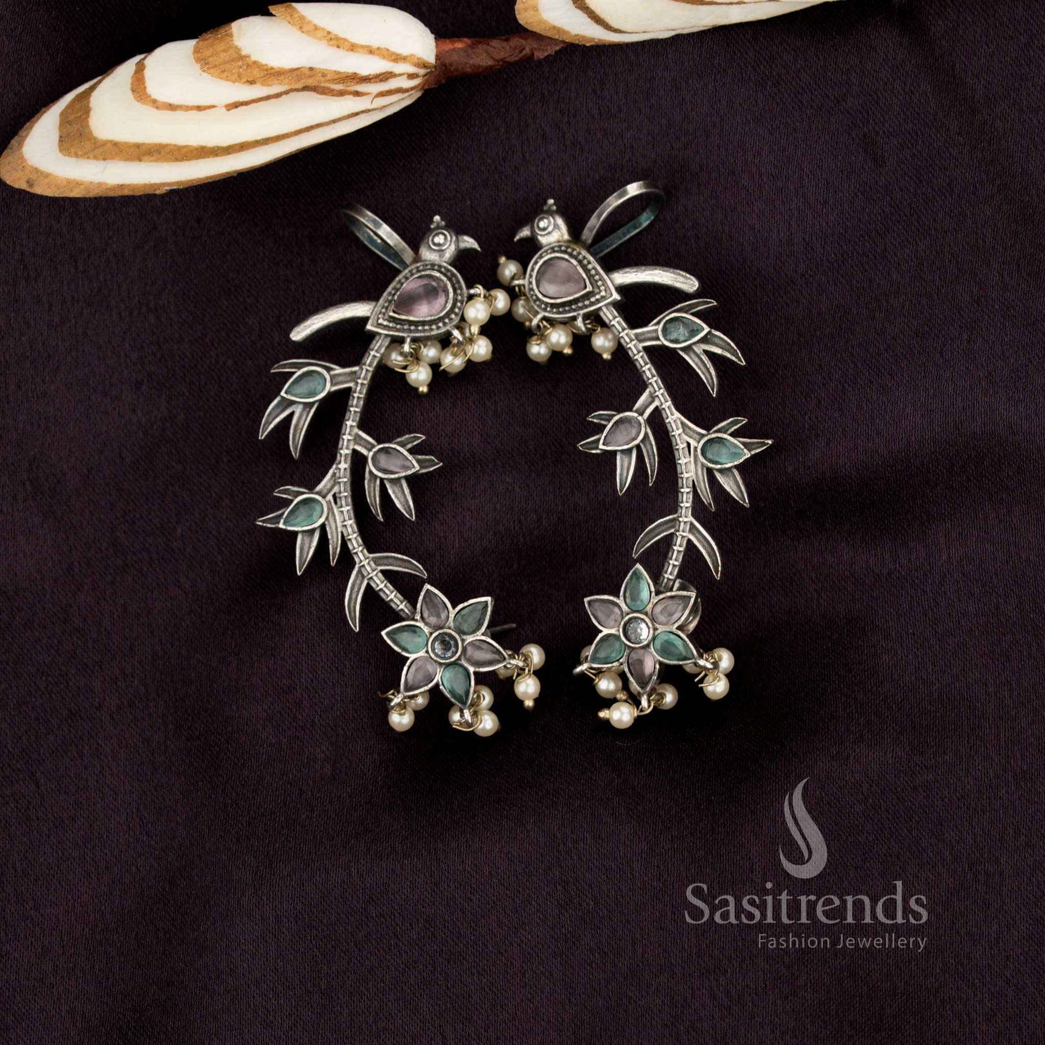Sasitrends antique oxidised peacock vine ear cuff pink mint earrings highlighted with graceful stone work