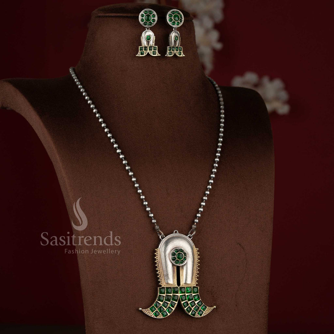 Sasitrends antique oxidised 92.5 Silver Plated shivlinga pendant green stone long necklace set with sacred structured design and matching earrings