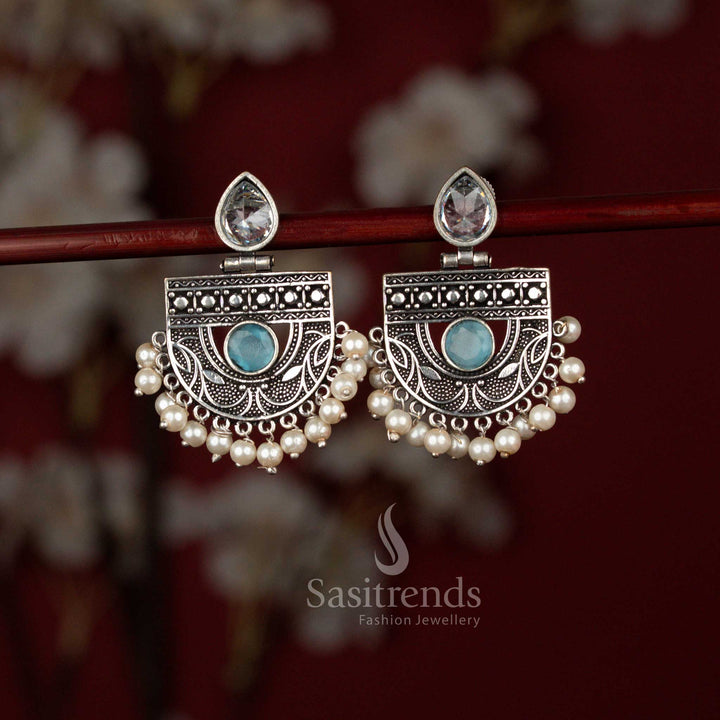 Antique style ocean blue oxidised silver pear stone chandbali earrings from Sasitrends featuring elegant crescent craftsmanship, luminous pear-shaped stone accents and refined pearl drops ideal for traditional and festive wear.