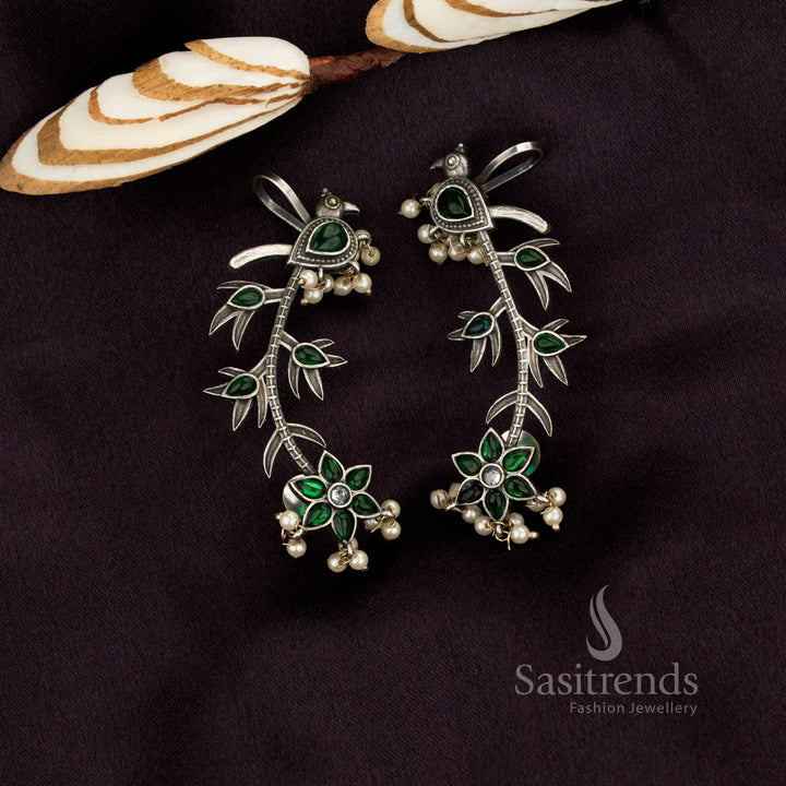 Sasitrends antique style oxidised peacock vine ear cuff green earrings designed for elegant statement styling