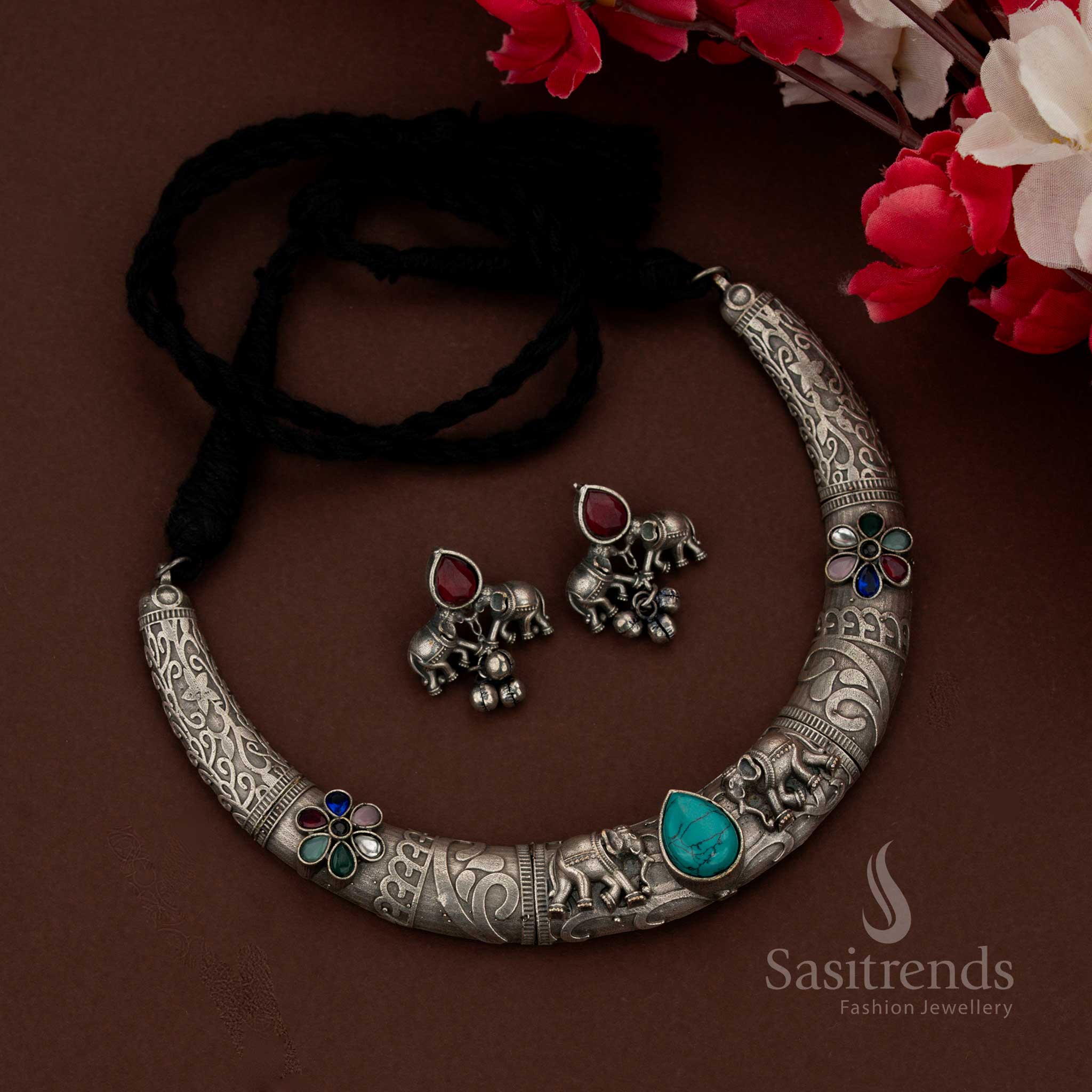 Sasitrends antique turquoise oxidised jewellery necklace set featuring traditional elephant motifs crafted in classic husli style for festive and celebration wear