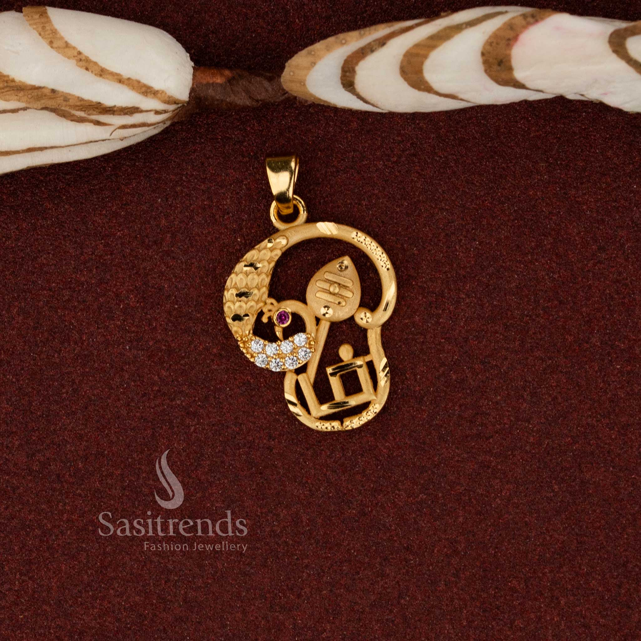 Sasitrends artisan crafted 24K micro gold plated ethnic om peacock vel ad stone forming pendant inspired by temple jewellery traditions designed for cultural events and heritage styling
