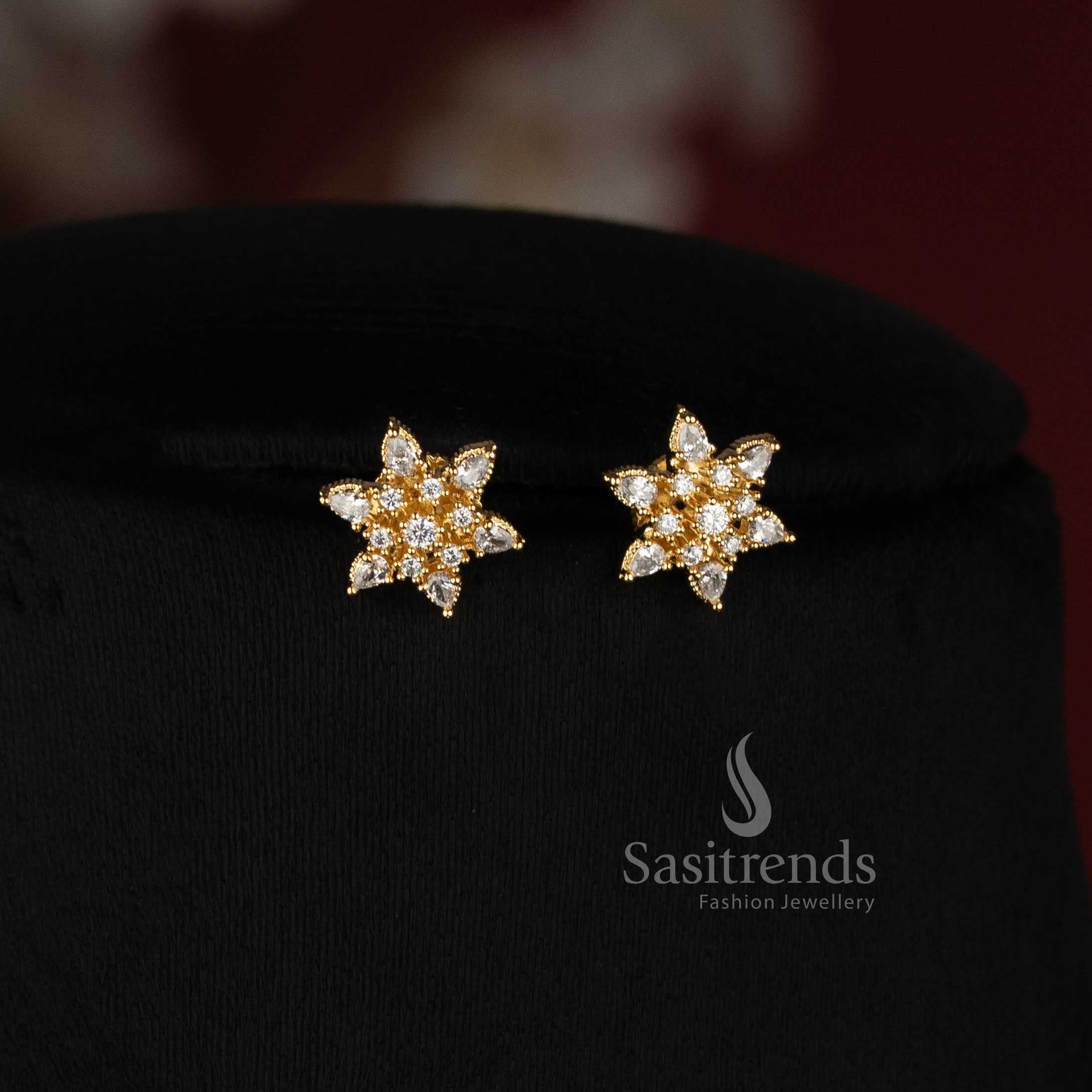 Sasitrends attractive Micro Gold Plated American Diamond floral pendant chain necklace with coordinated cluster stud earrings for festive gatherings and evening celebrations