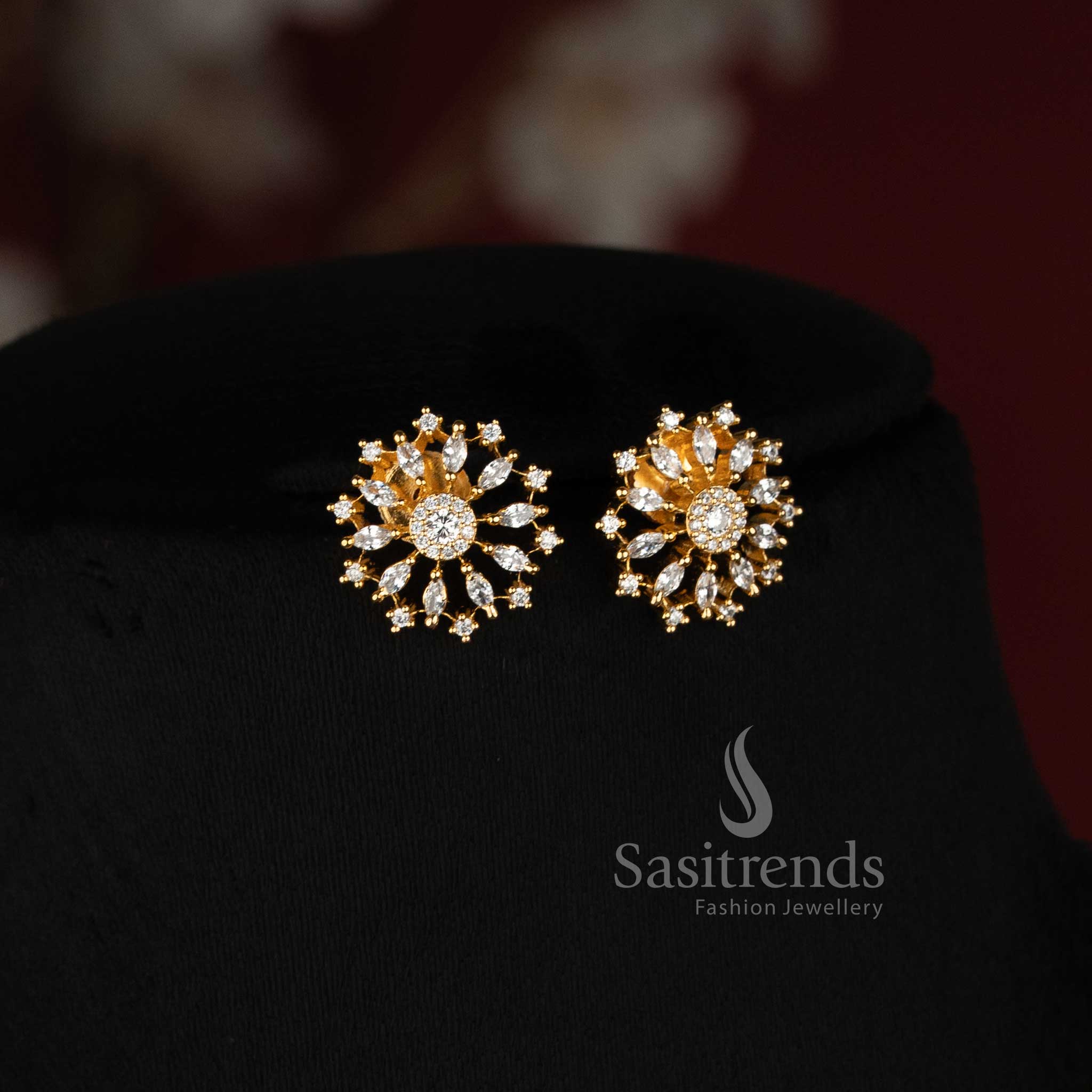 Attractive Sasitrends Micro Gold Plated American Diamond floral pendant necklace set with coordinated earrings and detailed openwork design for elegant evening occasions