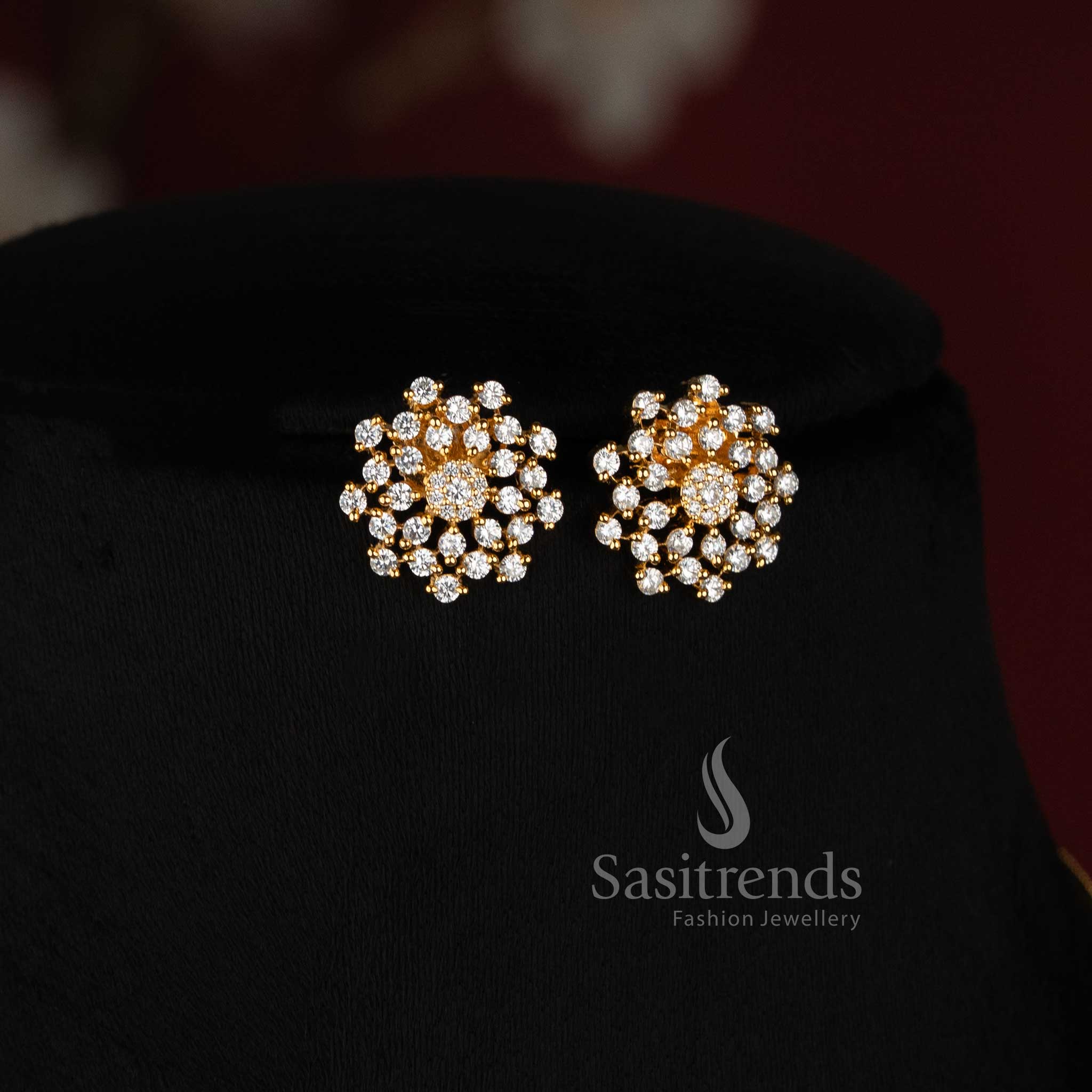 Beautiful Sasitrends Micro Gold Plated American Diamond floral circle pendant chain necklace with sparkling layered stone arrangement for evening functions and family celebrations