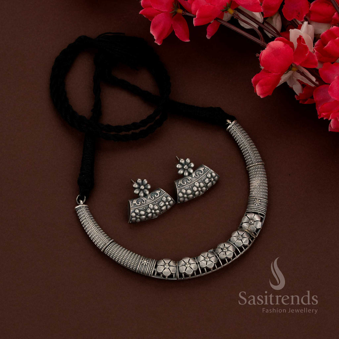 Sasitrends oxidised floral husli necklace set featuring collar petal link and fringe drop designs