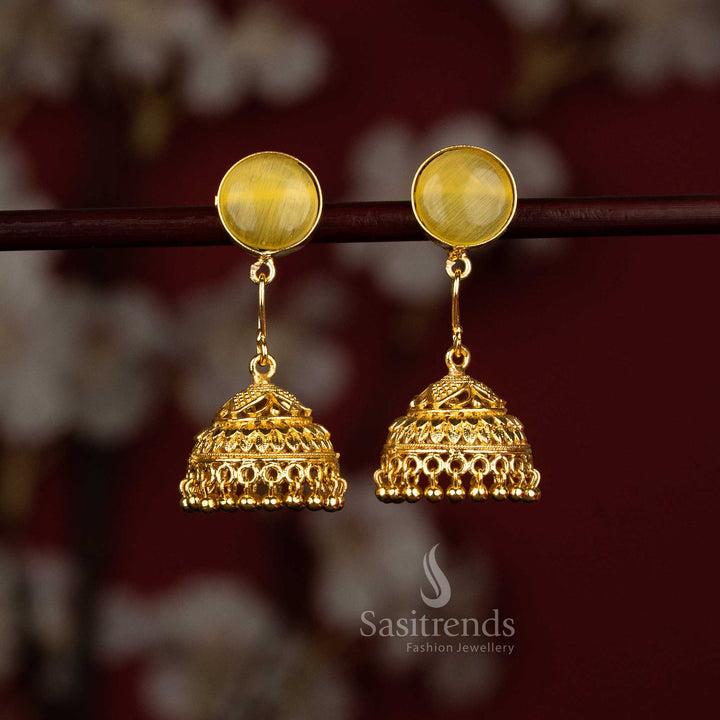 Sasitrends beautiful gold plated yellow  round motif jhumka earrings designed with elegant circular motif and graceful bell structure perfect for stylish outfits