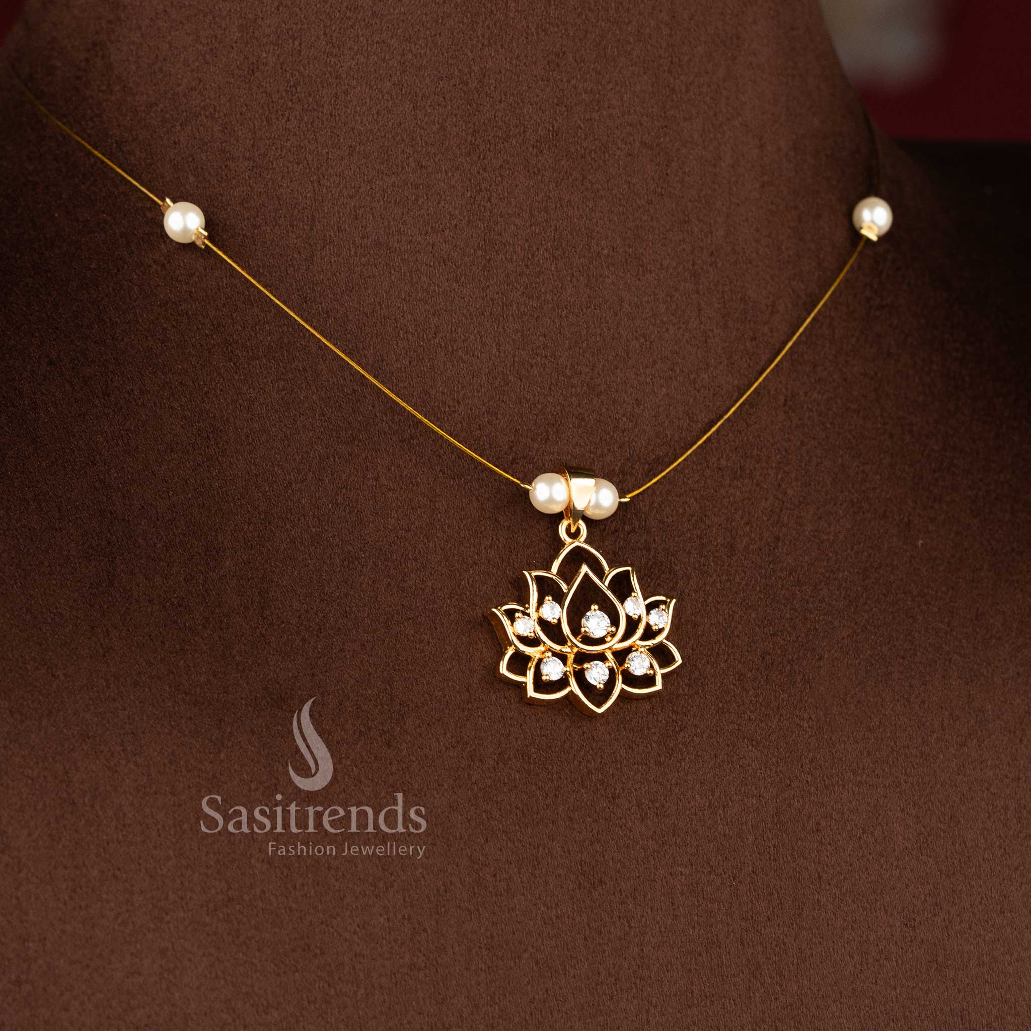 Sasitrends beautiful invisible American diamond 24K micro gold plated lotus pendant necklace with elegant pearl bead chain designed for festive wear and stylish traditional jewellery collections