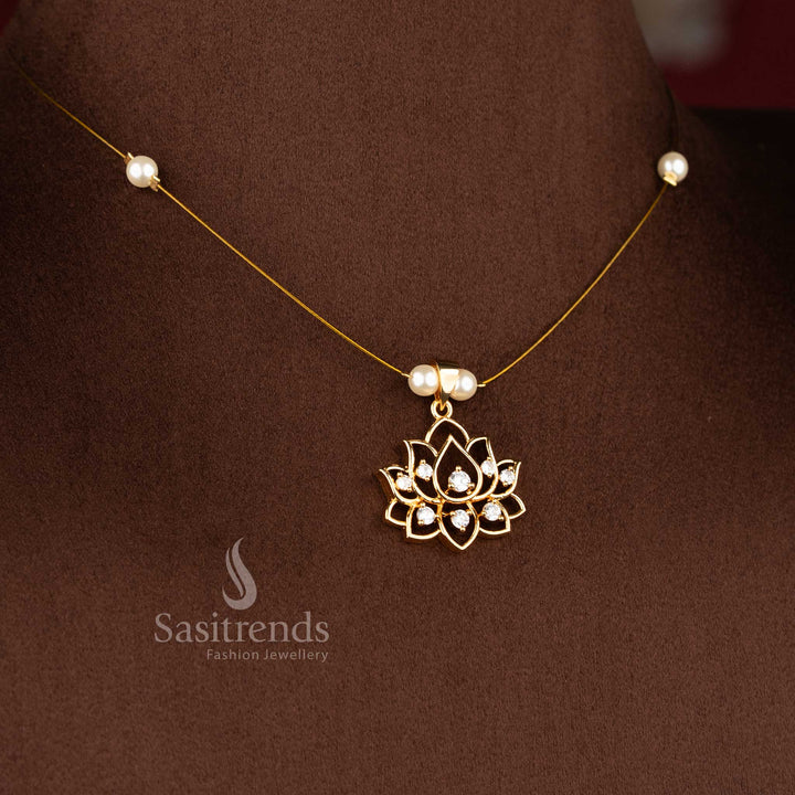 Sasitrends beautiful invisible American diamond 24K micro gold plated lotus pendant necklace with elegant pearl bead chain designed for festive wear and stylish traditional jewellery collections