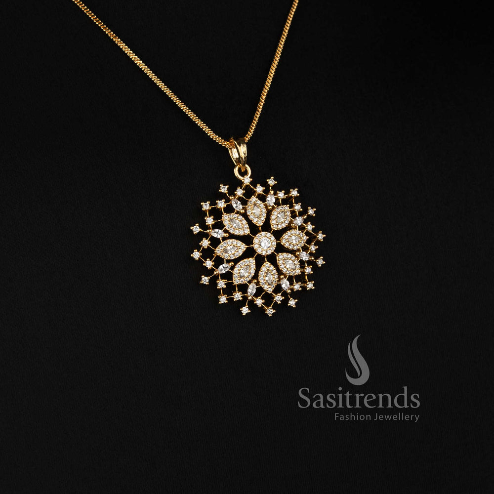 Beautiful Sasitrends Micro Gold Plated American Diamond pendant chain necklace featuring an intricate floral cluster design with sparkling stone detailing for party wear