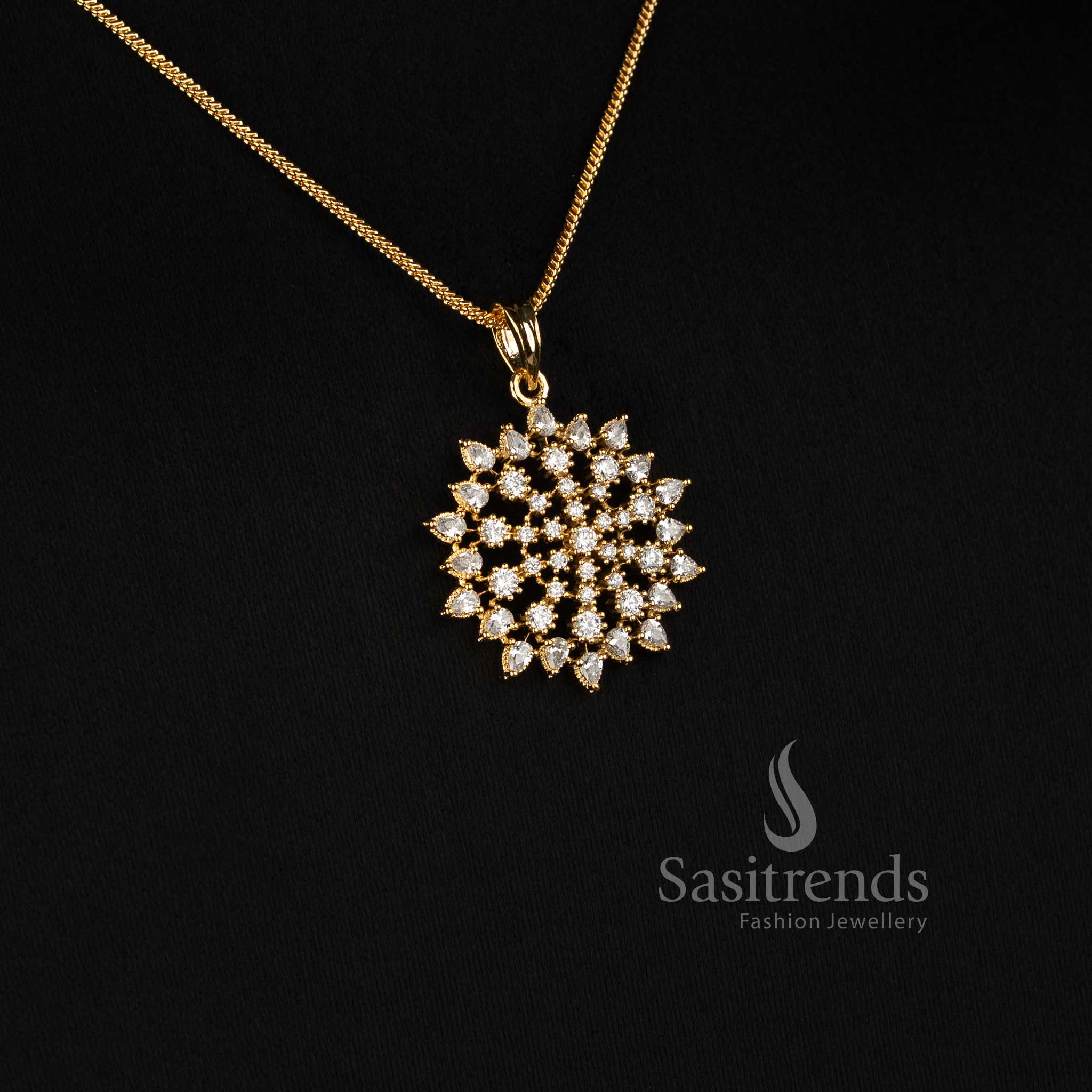 Beautiful Sasitrends Micro Gold Plated American Diamond pendant necklace featuring an intricate radiating floral cluster design with sparkling stone detailing for party occasions